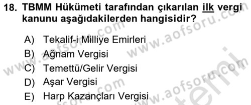 Milli Mücadele Tarihi Dersi 2024 - 2025 Yılı (Vize) Ara Sınav Soruları 18. Soru