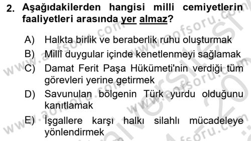 Milli Mücadele Tarihi Dersi 2024 - 2025 Yılı (Vize) Ara Sınav Soruları 2. Soru