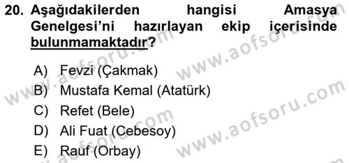 Milli Mücadele Tarihi Dersi 2024 - 2025 Yılı (Vize) Ara Sınav Soruları 20. Soru