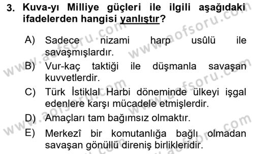 Milli Mücadele Tarihi Dersi 2024 - 2025 Yılı (Vize) Ara Sınav Soruları 3. Soru