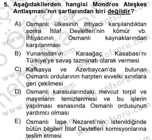 Milli Mücadele Tarihi Dersi 2024 - 2025 Yılı (Vize) Ara Sınav Soruları 5. Soru