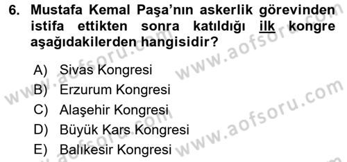 Milli Mücadele Tarihi Dersi 2024 - 2025 Yılı (Vize) Ara Sınav Soruları 6. Soru