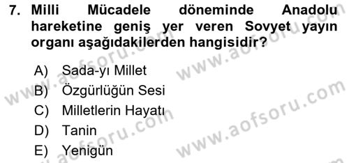 Milli Mücadele Tarihi Dersi 2024 - 2025 Yılı (Vize) Ara Sınav Soruları 7. Soru
