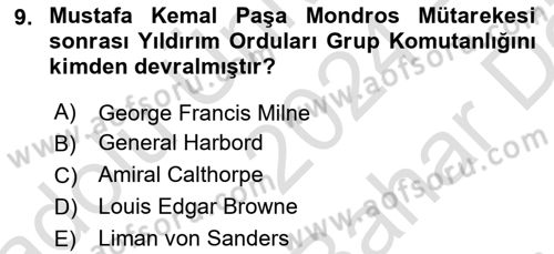 Milli Mücadele Tarihi Dersi 2024 - 2025 Yılı (Vize) Ara Sınav Soruları 9. Soru