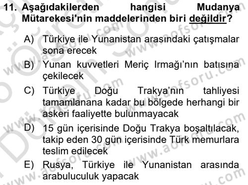 Milli Mücadele Tarihi Dersi 2024 - 2025 Yılı (Final) Dönem Sonu Sınav Soruları 11. Soru
