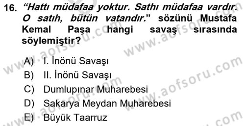 Milli Mücadele Tarihi Dersi 2024 - 2025 Yılı (Final) Dönem Sonu Sınav Soruları 16. Soru