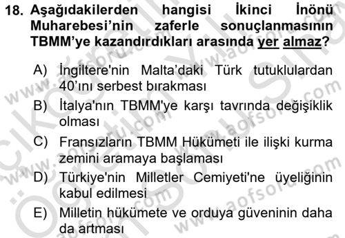 Milli Mücadele Tarihi Dersi 2024 - 2025 Yılı (Final) Dönem Sonu Sınav Soruları 18. Soru