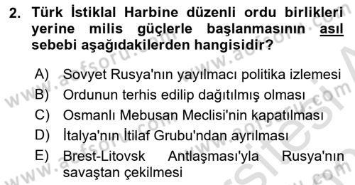 Milli Mücadele Tarihi Dersi 2024 - 2025 Yılı (Final) Dönem Sonu Sınav Soruları 2. Soru