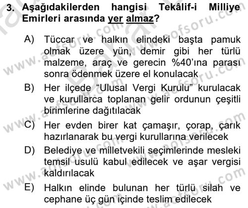 Milli Mücadele Tarihi Dersi 2024 - 2025 Yılı (Final) Dönem Sonu Sınav Soruları 3. Soru