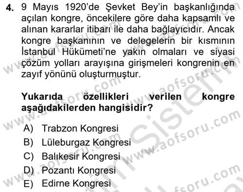 Milli Mücadele Tarihi Dersi 2024 - 2025 Yılı (Final) Dönem Sonu Sınav Soruları 4. Soru