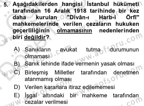 Milli Mücadele Tarihi Dersi 2024 - 2025 Yılı (Final) Dönem Sonu Sınav Soruları 5. Soru