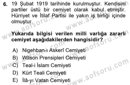 Milli Mücadele Tarihi Dersi 2024 - 2025 Yılı (Final) Dönem Sonu Sınav Soruları 6. Soru