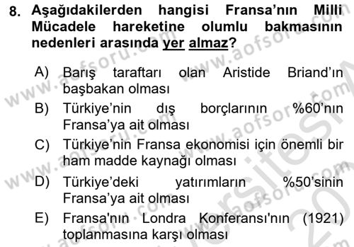Milli Mücadele Tarihi Dersi 2024 - 2025 Yılı (Final) Dönem Sonu Sınav Soruları 8. Soru