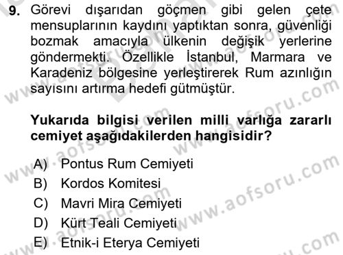 Milli Mücadele Tarihi Dersi 2024 - 2025 Yılı (Final) Dönem Sonu Sınav Soruları 9. Soru