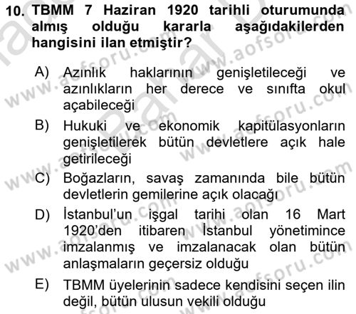 Milli Mücadele Tarihi Dersi 2025 - 2026 Yılı (Final) Dönem Sonu Sınav Soruları 10. Soru