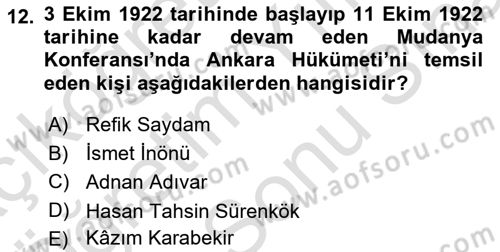 Milli Mücadele Tarihi Dersi 2025 - 2026 Yılı (Final) Dönem Sonu Sınav Soruları 12. Soru