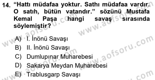Milli Mücadele Tarihi Dersi 2025 - 2026 Yılı (Final) Dönem Sonu Sınav Soruları 14. Soru
