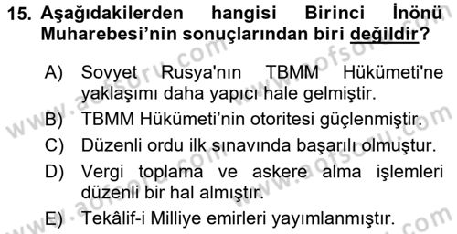 Milli Mücadele Tarihi Dersi 2025 - 2026 Yılı (Final) Dönem Sonu Sınav Soruları 15. Soru