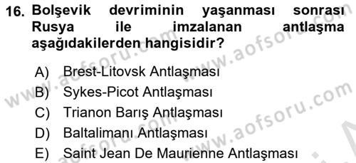 Milli Mücadele Tarihi Dersi 2025 - 2026 Yılı (Final) Dönem Sonu Sınav Soruları 16. Soru