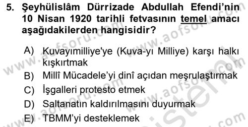 Milli Mücadele Tarihi Dersi 2025 - 2026 Yılı (Final) Dönem Sonu Sınav Soruları 5. Soru