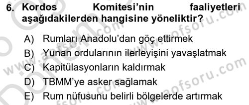 Milli Mücadele Tarihi Dersi 2025 - 2026 Yılı (Final) Dönem Sonu Sınav Soruları 6. Soru