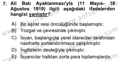 Milli Mücadele Tarihi Dersi 2025 - 2026 Yılı (Final) Dönem Sonu Sınav Soruları 7. Soru