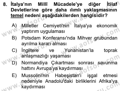 Milli Mücadele Tarihi Dersi 2025 - 2026 Yılı (Final) Dönem Sonu Sınav Soruları 8. Soru