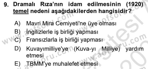 Milli Mücadele Tarihi Dersi 2025 - 2026 Yılı (Final) Dönem Sonu Sınav Soruları 9. Soru