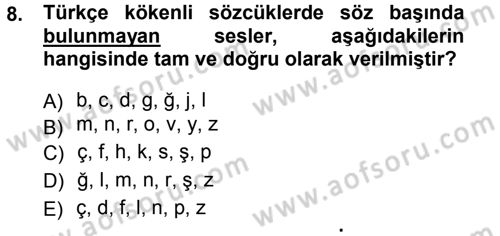 Türkçe Ses Bilgisi Dersi 2012 - 2013 Yılı (Vize) Ara Sınav Soruları 8. Soru