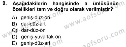 Türkçe Ses Bilgisi Dersi Ara Sınavı Deneme Sınav Soruları 9. Soru