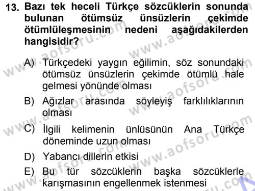 Türkçe Ses Bilgisi Dersi 2013 - 2014 Yılı (Final) Dönem Sonu Sınav Soruları 13. Soru