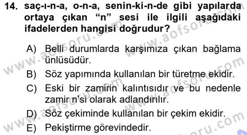 Türkçe Ses Bilgisi Dersi 2015 - 2016 Yılı (Vize) Ara Sınav Soruları 14. Soru