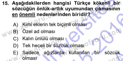 Türkçe Ses Bilgisi Dersi Ara Sınavı Deneme Sınav Soruları 15. Soru