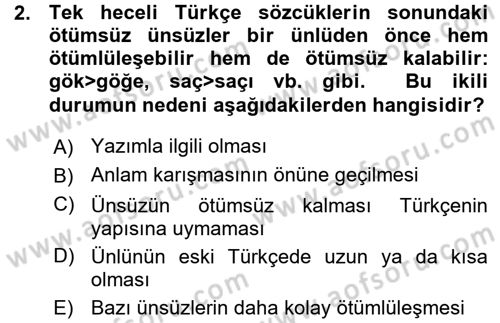 Türkçe Ses Bilgisi Dersi Ara Sınavı Deneme Sınav Soruları 2. Soru