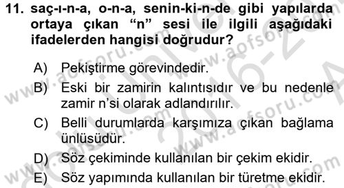 Türkçe Ses Bilgisi Dersi Ara Sınavı Deneme Sınav Soruları 11. Soru