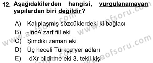 Türkçe Ses Bilgisi Dersi 2016 - 2017 Yılı (Vize) Ara Sınav Soruları 12. Soru