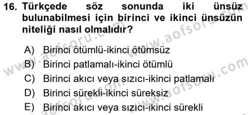 Türkçe Ses Bilgisi Dersi Ara Sınavı Deneme Sınav Soruları 16. Soru