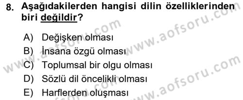 Türkçe Ses Bilgisi Dersi 2016 - 2017 Yılı (Vize) Ara Sınav Soruları 8. Soru