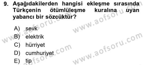 Türkçe Ses Bilgisi Dersi Ara Sınavı Deneme Sınav Soruları 9. Soru