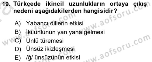 Türkçe Ses Bilgisi Dersi 2017 - 2018 Yılı (Vize) Ara Sınav Soruları 19. Soru
