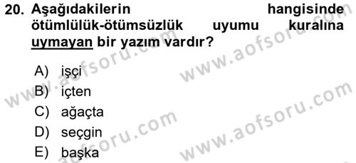 Türkçe Ses Bilgisi Dersi 2017 - 2018 Yılı (Vize) Ara Sınav Soruları 20. Soru