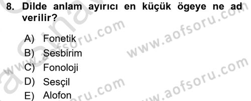 Türkçe Ses Bilgisi Dersi Ara Sınavı Deneme Sınav Soruları 8. Soru