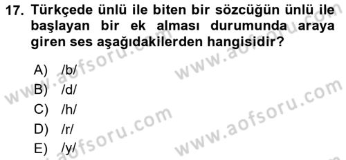 Türkçe Ses Bilgisi Dersi 2018 - 2019 Yılı (Vize) Ara Sınavı 17. Soru