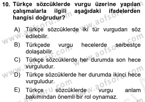 Türkçe Ses Bilgisi Dersi 2018 - 2019 Yılı (Final) Dönem Sonu Sınavı 10. Soru