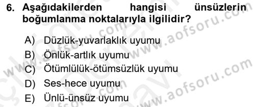 Türkçe Ses Bilgisi Dersi 2018 - 2019 Yılı (Final) Dönem Sonu Sınavı 6. Soru