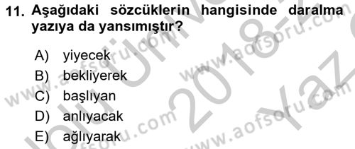 Türkçe Ses Bilgisi Dersi 2018 - 2019 Yılı Yaz Okulu Sınav Soruları 11. Soru