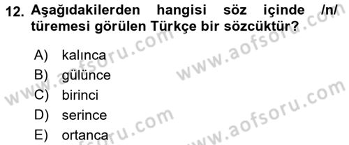 Türkçe Ses Bilgisi Dersi 2018 - 2019 Yılı Yaz Okulu Sınav Soruları 12. Soru