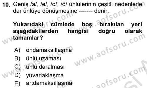 Türkçe Ses Bilgisi Dersi 2019 - 2020 Yılı (Final) Dönem Sonu Sınavı 10. Soru