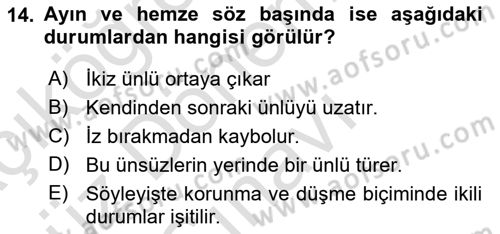 Türkçe Ses Bilgisi Dersi 2019 - 2020 Yılı (Final) Dönem Sonu Sınavı 14. Soru