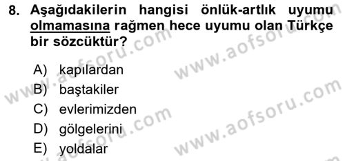 Türkçe Ses Bilgisi Dersi 2019 - 2020 Yılı (Final) Dönem Sonu Sınavı 8. Soru